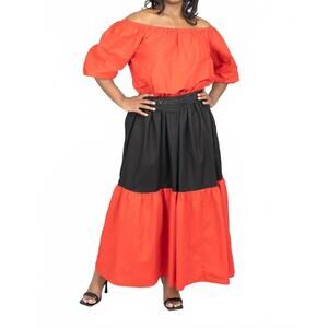 NEW KARA CHIC mumba african print off-shoulder maxi dress in red/black